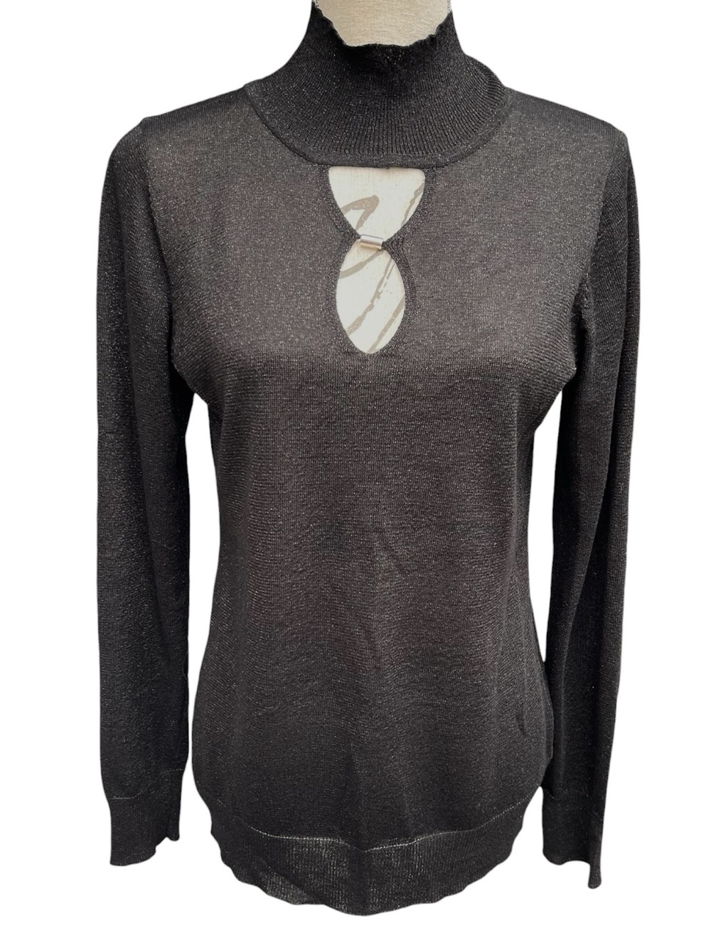 Majora Black Metallic Long Sleeve Mock Neck Keyhole Top (L)
